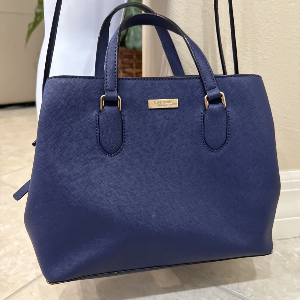 Kate Spade Evangelie Laurel Way Sapphire Blue Saffiano Leather Purse Tote *See - Picture 2 of 16